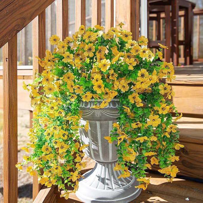 INSPRING Artificial Flowers Fall Faux Outdoor Outside Plants, 2 PCS Fake Silk UV Resistant Look Real Yellow Daisy Trailing Vines for Front Door Porch Planter Urn Patio Balcony Decoration-Ruum Studio Home