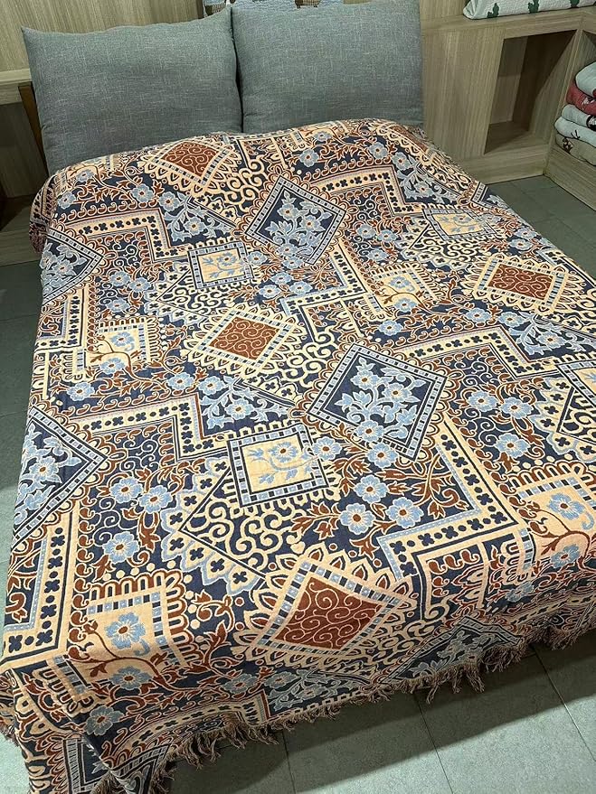 Boho Throw Blanket for Bed 80”x90”, 100% Cotton Woven Blanket for Couch Sofa, Ultra Soft 4-Layer Muslin Quilt with Diamond Pattern, Farmhouse Bed Blanket/Cover for Living Room Decor-Ruum Studio Home
