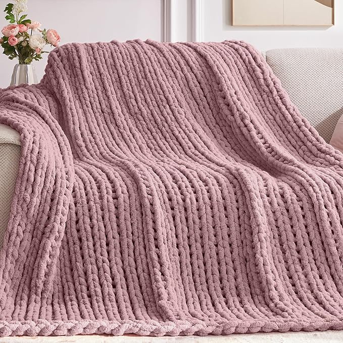 Chunky Knit Throw Blanket, 30''*40'' Knitted Throw Chenille Yarn for Bed Couch, Handmade Muted Pink Crochet Big Thick Blanket, Machine Washable Cute Comfy Blanket for Home Decor-Ruum Studio Home