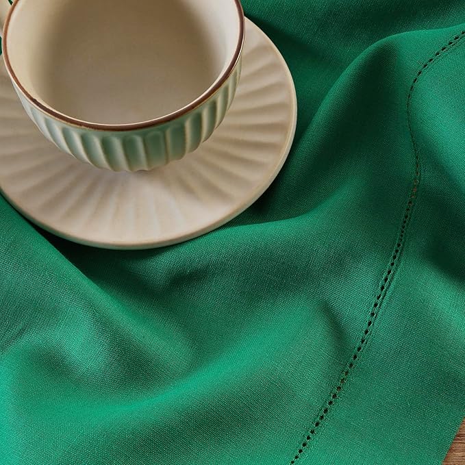 Solino Home Linen Emerald Green Hemstitch Table Runner 60 Inches - 100% Pure Linen Small Table Runner 14 x 60 Inch Ideal for Dresser and Coffee Tables - Classic Hemstitch-Ruum Studio Home