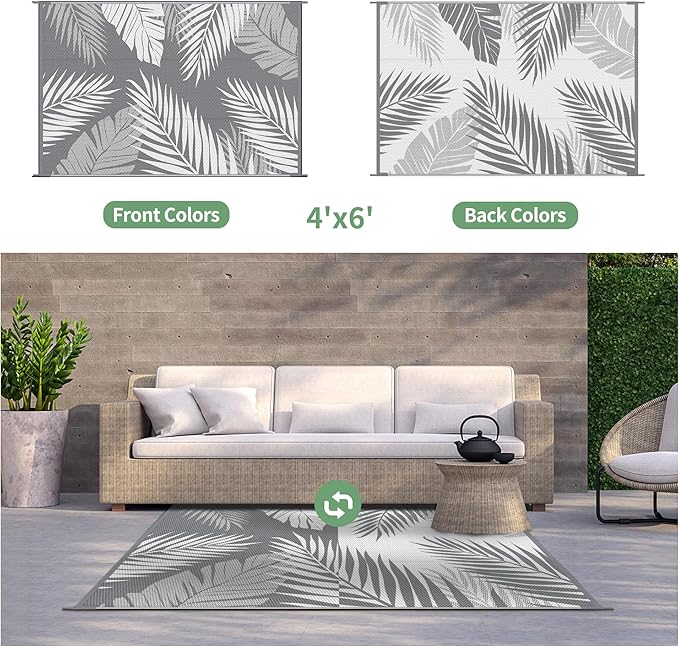 GENIMO Outdoor Rug 4' x 6' Waterproof for Patios Clearance, Reversible Outdoor Plastic Straw Camping Rug Carpet, Large Area Rugs Mats for RV, Camper, Deck, Balcony, Porch, Beach, Picnic, Grey&White-Ruum Studio Home
