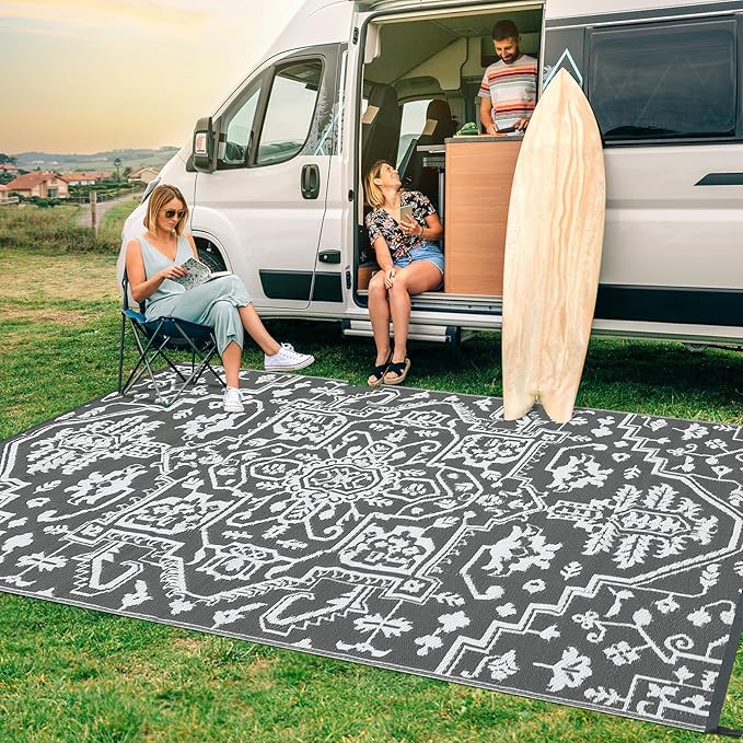 Waterproof Outdoor Rug 9x18 Reversible Plastic Straw Patio Rug, Stain-Resistant Vintage Medallion Carpet, Large Indoor Outdoor RV Mat for Deck, Camping, Balcony, Grey White-Ruum Studio Home