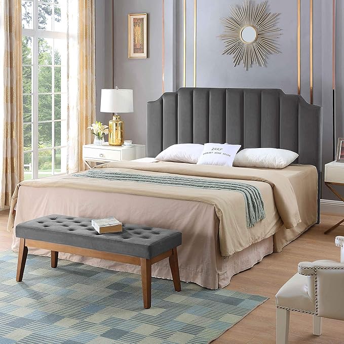 24KF Dark Gray Velvet Tufted King Upholstered Headboard, Modern Vertical Channel Design California King Headboard with Stepped Silhouette Top Edge,Dark Gray-Ruum Studio Home