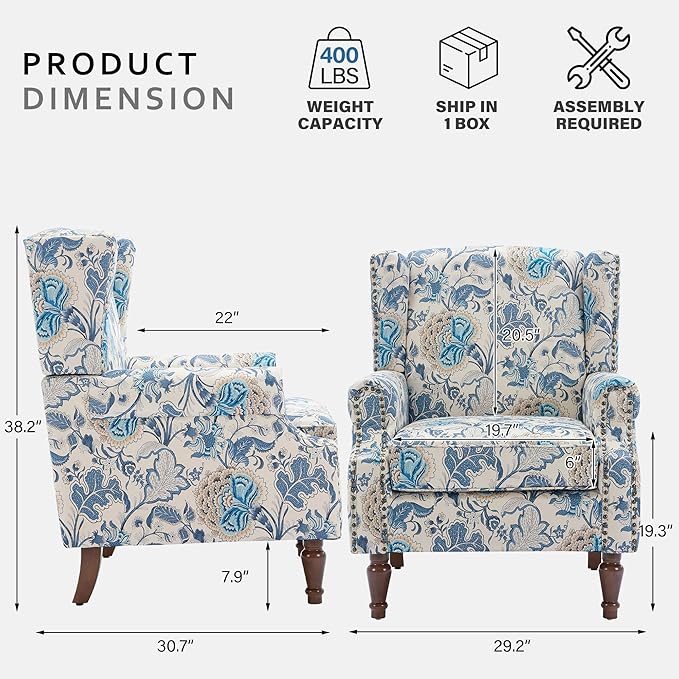Lumibee High Back Accent Chair, Armchair in Fabric,Comfy Upholstered Wingback Single Sofa Reading Chair with Solid Wood Legs for Living Room,Bedroom,Office-Boho Blue-Ruum Studio Home