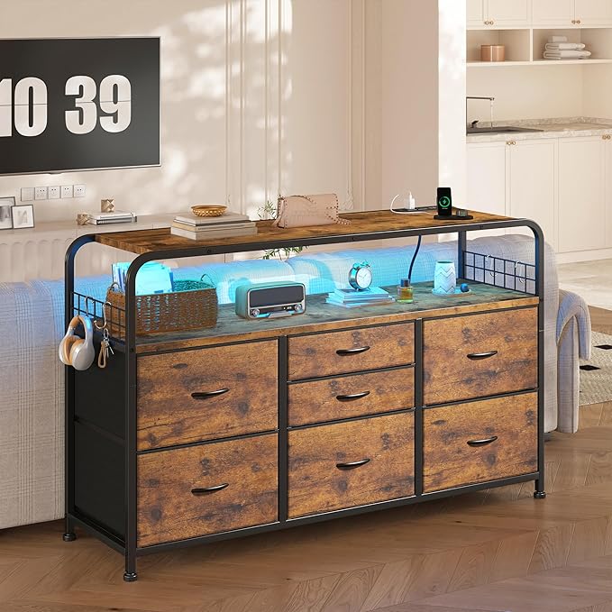 TV Stand for Bedroom with LED Lights & Charging Station, 7 Drawer with Open Shelf, Media Console for Living Room & Chest of Drawers for Closet, Entryway, Hallway, 4 Hooks, Rustic Brown-Ruum Studio Home