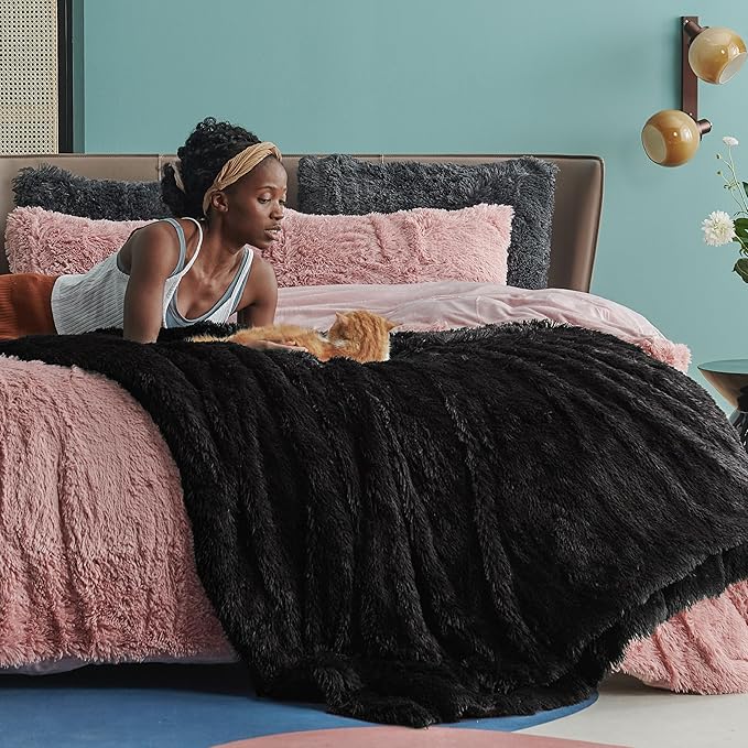 Bedsure GentleSoft Fluffy Black Blankets Queen Size for Bed, Thick Sherpa Faux Fur Fleece Fuzzy Plush Winter Warm Soft Full Queen Blankets, Bedroom Decor Black Gifts Cozy Gifts for Women Men, 90x90-Ruum Studio Home