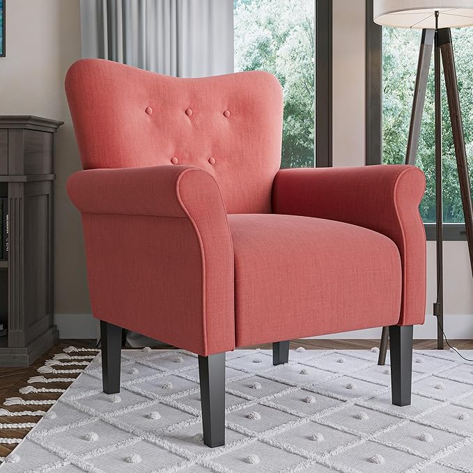 BELLEZE Modern Accent Chair for Living Room, High Back Armchair with Wooden Legs, Upholstered Wingback Side Chair Padded Armrest Single Sofa Club Chair for Living Room, Bedroom - Allston (Brick)-Ruum Studio Home
