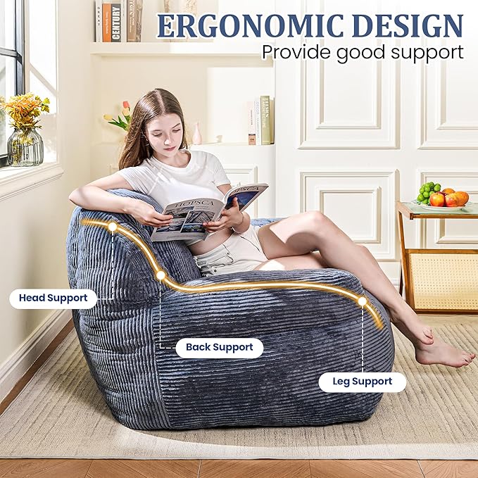 Bean Bag Chair, Faux Fur Bean Bag Chair for Adults, Fluffy and Comfy Bean Bags with Filler, Bean Bag Sofa Chair for Reading, Gaming, Stuffed High-Density Foam, Grey-Ruum Studio Home
