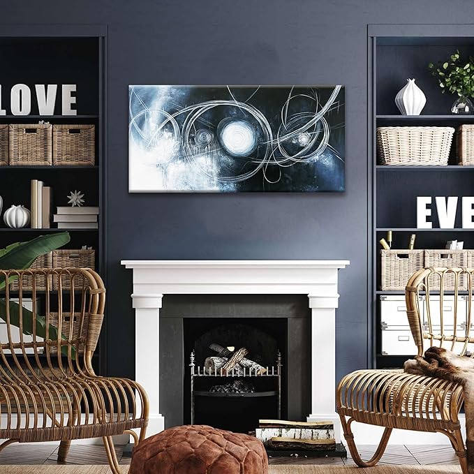 TAIJXAGSG Canvas Wall Art Decor Artwork Modern Paintings Dark Blue Wall Decorations Maximalist White Line Abstract Wall Art Prints For Wall Bedroom Kitchen Office Artwork Ready To Hang 20"×40"-Ruum Studio Home