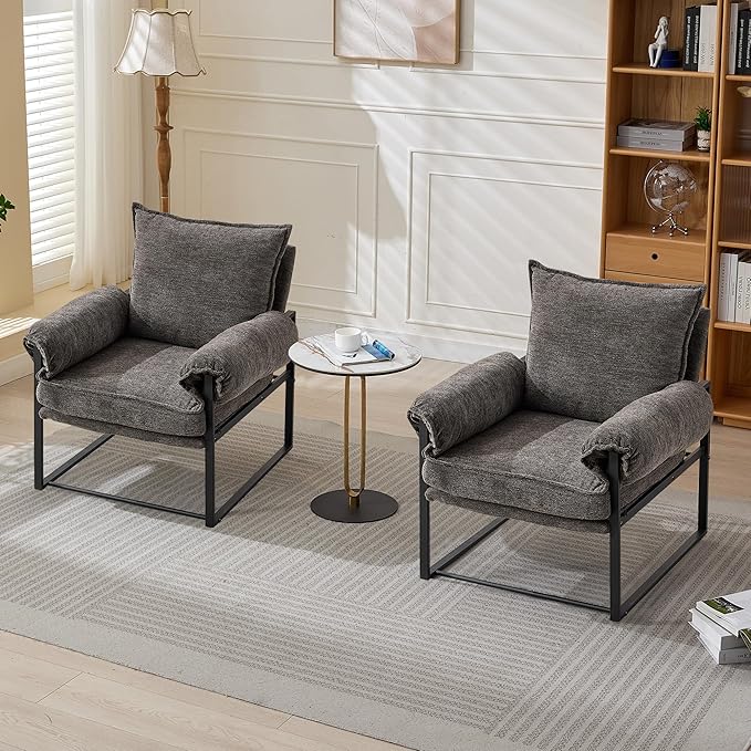 YISHENG Accent Chair with 6-Angle Adjustable Backrest, Chenille Fabric Living Room Chair Upholstered Lounge Chair, Modern Chair Cozy Reclining Chair for Reading Room, Set of 2 Gray-Ruum Studio Home