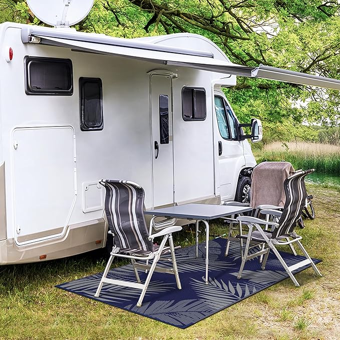 GENIMO Outdoor Rug 3' x 5' Waterproof for Patios Clearance, Reversible Outdoor Plastic Straw Camping Rug Carpet, Large Area Rugs Mats for RV, Camper, Deck, Balcony, Porch, Beach, Picnic Navy Blue&Grey-Ruum Studio Home