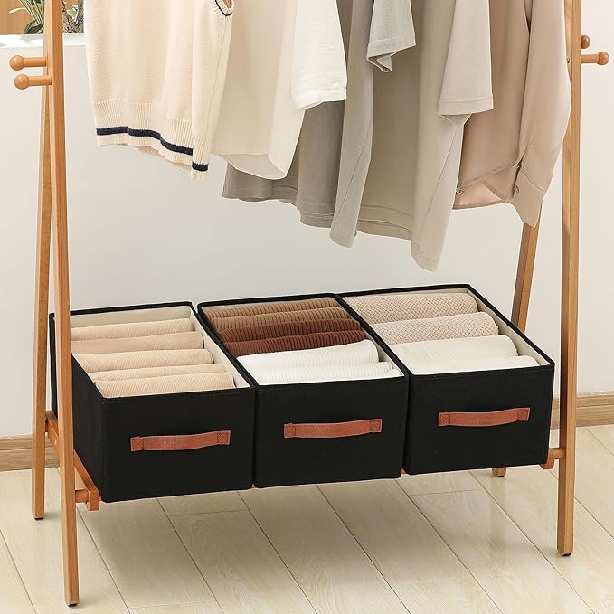linen closet organizers and storage, 3 Pack Large Storage Baskets, Washable, Clothing Storage Bins with Handle, Closet Organizer for Storage Sweater,Sheets (Black, 18½"x11"x8½")-Ruum Studio Home
