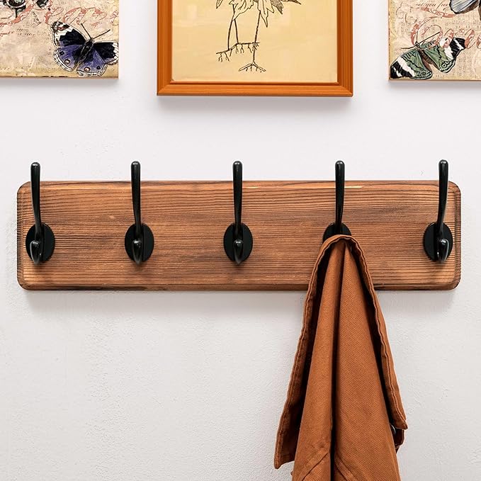 Dseap Wall Mounted Coat Rack: Patented, Heavy-Duty, 17.4" Long 5-Double-Hooks Wooden Hanger Rail for Winter Coats, Hat, Jacket, Clothing - Natural & Black, Pack of 2-Ruum Studio Home