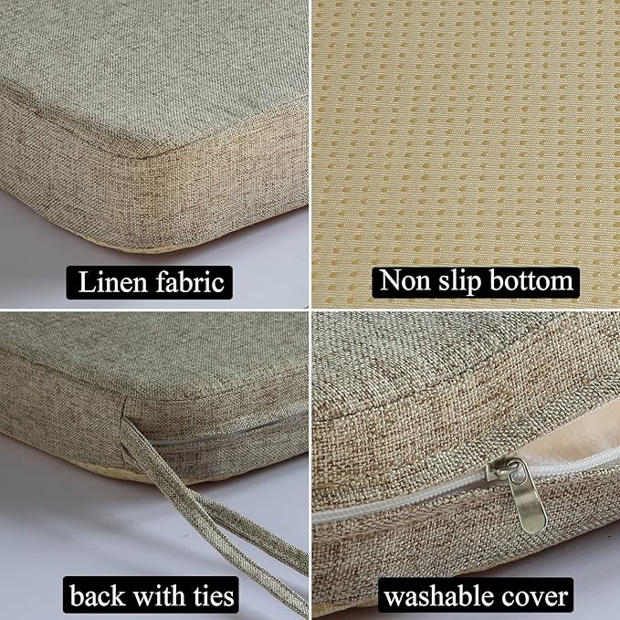 Chair Cushion for Dining Chairs with Ties Non Slip Memory Foam Kitchen Room Chair Pads for Outdoor Patio Furniture 4 Pack, Khaki-Ruum Studio Home