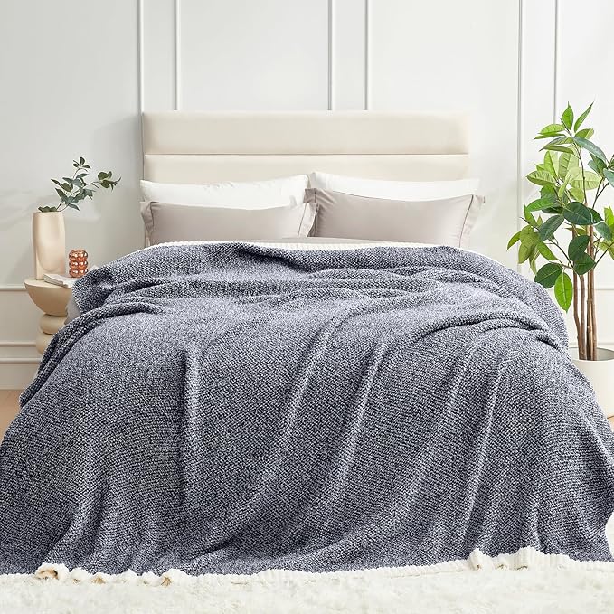 Snuggle Sac Queen Size Bedding Blanket Navy, Oversized Super Soft Bed Blankets Warm Cozy Knit Fuzzy Microfiber Blankets for Bed, Heather Navy, 90 x90-Ruum Studio Home