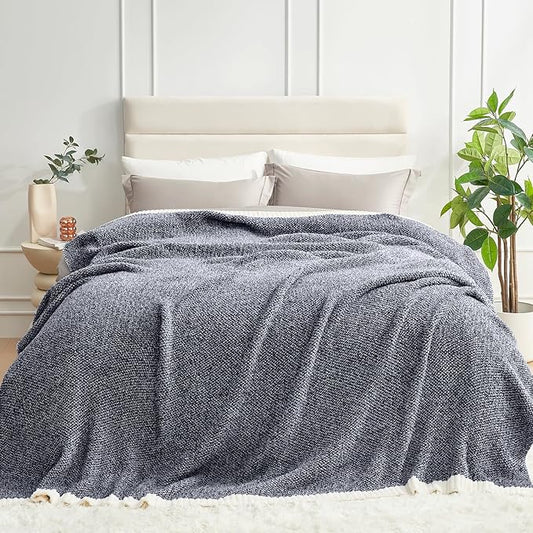 Snuggle Sac Queen Size Bedding Blanket Navy, Oversized Super Soft Bed Blankets Warm Cozy Knit Fuzzy Microfiber Blankets for Bed, Heather Navy, 90 x90-Ruum Studio Home