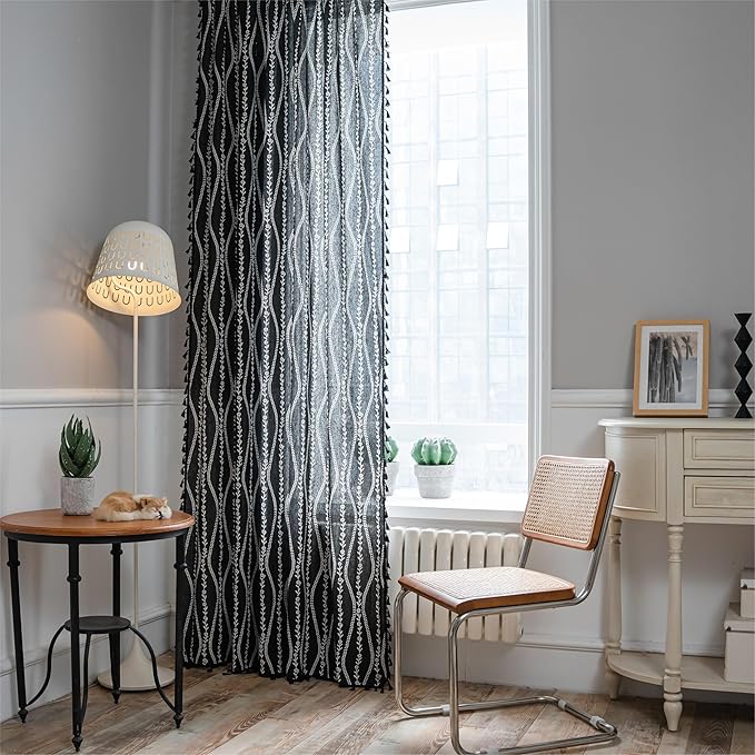 Sutuo Home Boho Curtains 96 Inches Long for Bedroom Living Room Kitchen, Stripe Floral Bohemian Tassels Country Window Treatment Drape for Halloween Decorations Rod Pocket, 1 Panel 59"W x 96"L,Black-Ruum Studio Home
