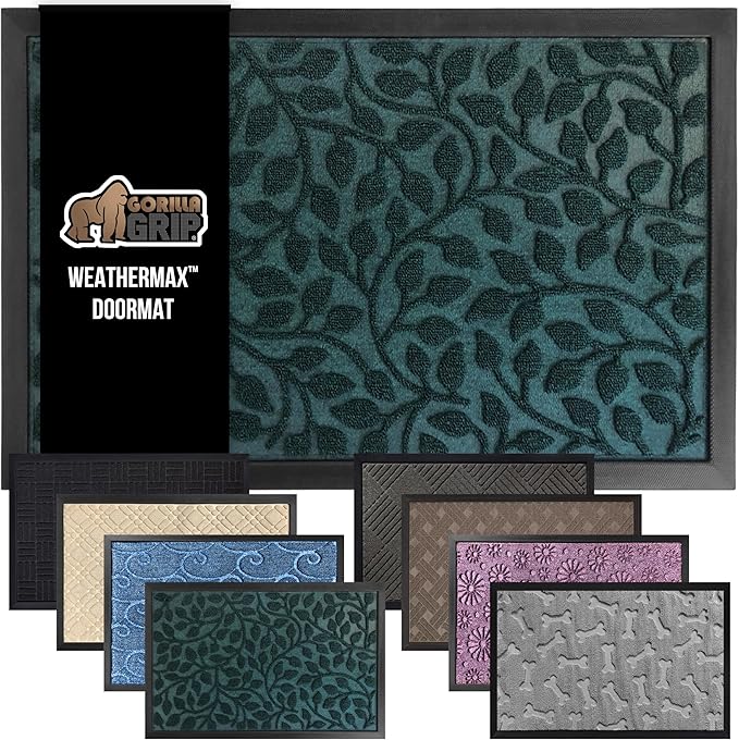 GORILLA GRIP 100% Waterproof All-Season WeatherMax Doormat, US Designed Natural Rubber, Stain and Fade Resistant, Low Profile Indoor Outdoor Door Mats, Easy Clean Patio Mat, 17x29, Moss Vine Leaves-Ruum Studio Home