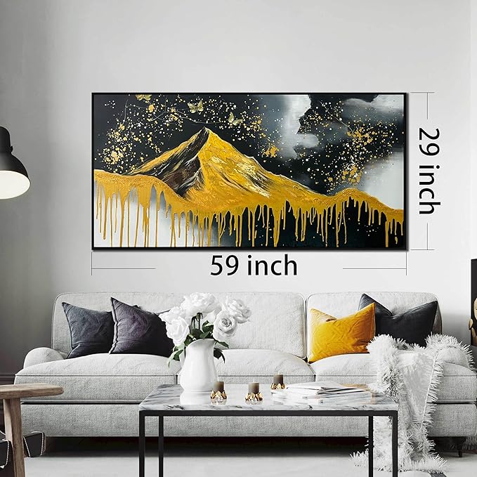 Gold Mountains Painted Wall Art for Living Room - Hand Painted Abstract Wall Art for Office - Black Framed Wall Art for Bedroom Size 29" x 59"-Ruum Studio Home