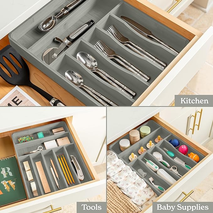 SMIRLY Silverware Drawer Organizer – Bamboo Kitchen Drawer Organizer, Adjustable Utensil Holder and Cutlery Tray, Drawer Dividers for Flatware and Kitchen Utensils-Ruum Studio Home