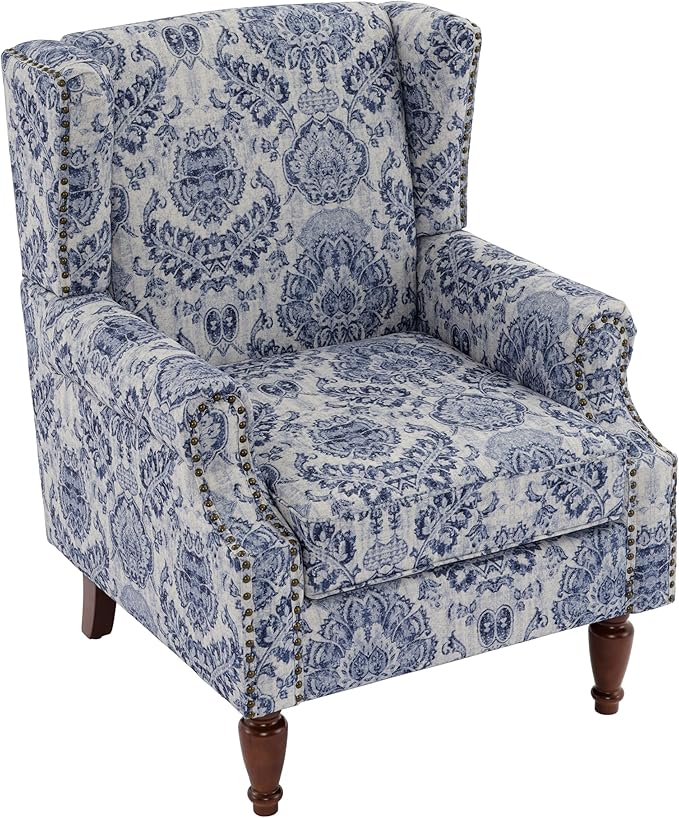 UIXE Floral Accent Chair, High Back Pattern Arm Chair for Living Room, Traditional Fabric Armchair Comfy Upholstered Sofa Reading Seat with Nailhead Trim & Retro Wood Legs - Navy-Ruum Studio Home