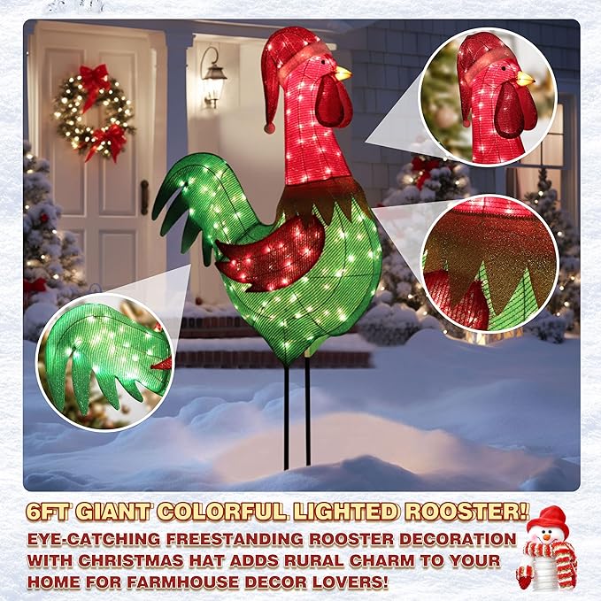 6FT Lighted Rooster with Christmas Hat for Outdoor Christmas Decorations, 3D Pre-Lit Iridescent Rooster Xmas Decor, Glittered Standing Holiday Display Rooster for Outdoor, Indoor-Ruum Studio Home
