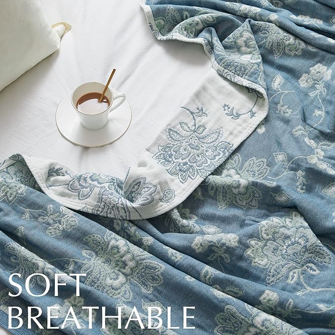jinchan Boho 100% Cotton Muslin Twin Size 60x80 Inches Blanket Lightweight 4-Layer Quilted Soft Blue and White Floral Throw Blanket Green Accents Reversible Comfy Flower Summer Couch Bedroom Decor-Ruum Studio Home