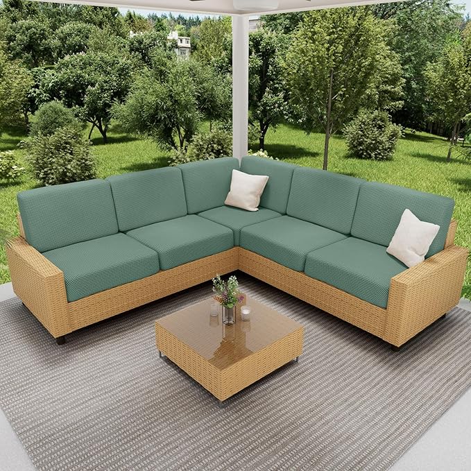 hyha Waterproof Sectional Couch Covers, Non Slip Sofa Couch Cushion Covers L Shape, Thick Stretch Jacquard Fabric, Washable Sofa Slipcovers with Elastic Bottom (1 Piece for Chaise, Green)-Ruum Studio Home