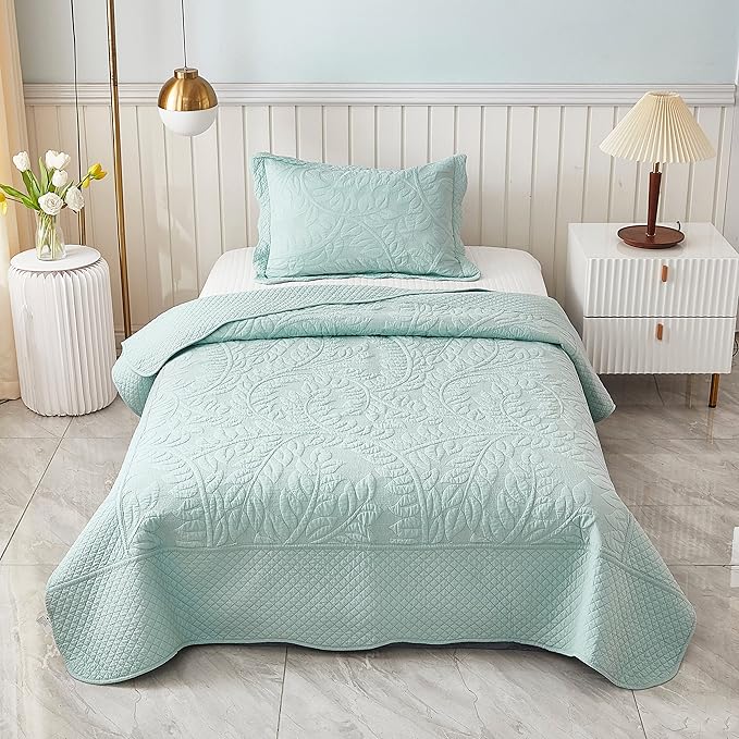 MarCielo 3-Piece 100% Cotton Oversized Bedspread Lightweight Quilt Coverlet Embroidery Farmhouse Bedding Set T0 (Aruba Blue, Twin (68"x86"))-Ruum Studio Home