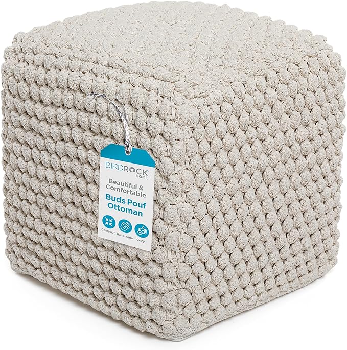 BIRDROCK HOME Bud Pouf Foot Stool Ottoman - Knit Bean Bag Floor Chair - Cotton Braided Cord - Great for The Living Room, Bedroom and Kids Room - Small Furniture-Ruum Studio Home