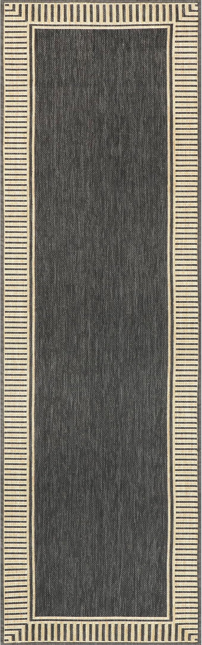 nuLOOM 2' x 8' Outdoor Area Rug, Casual Design With Striped Border, Stain Resistant, Highly Durable, For Patio, Balcony, Bedroom, Living Room, Dining Room, Bathroom, Dark Grey-Ruum Studio Home