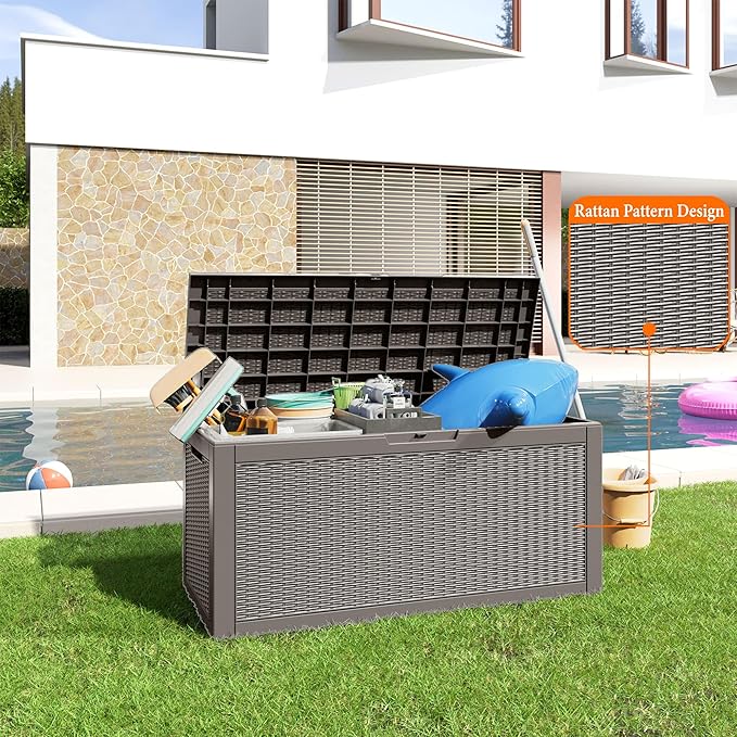 100 Gallon Resin Deck Box, Lockable Patio Outdoor Storage Box for Furniture, Garden Tools and Tools Storage, Waterproof Outside Storage Boxes - Grey-Ruum Studio Home