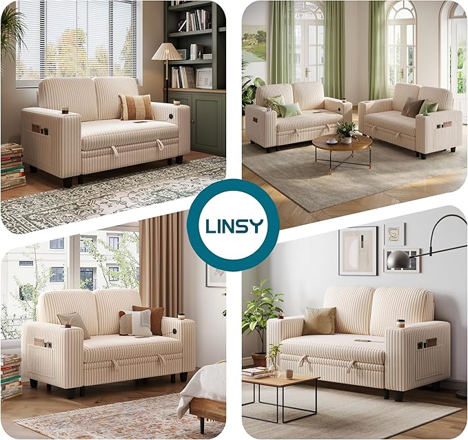 LINSY HOME Loveseat Sofa with Pull Out Couch Chaise: 2-in-1 Convertible 2 Seater Sofa with USB Charging & Cup Holders, Comfy Plush Corduroy Love Seat for Small Spaces Living Room Apartment, Beige-Ruum Studio Home