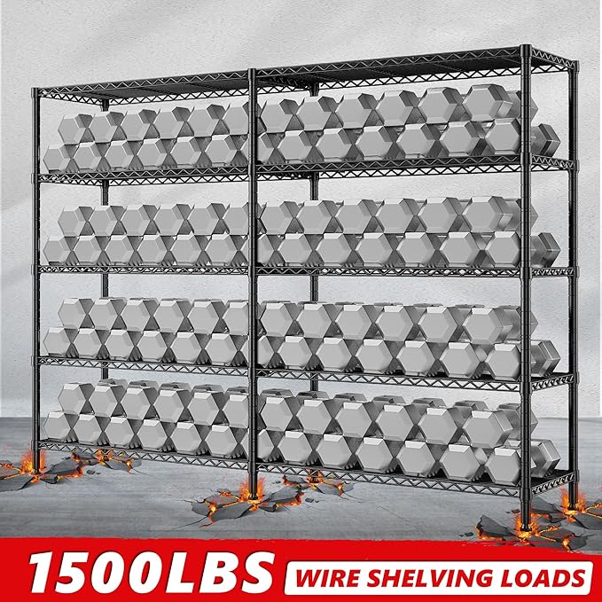 REIBII 1500LBS Storage Shelves Metal Shelving Unit 61.7''W Wire Shelving, 5 Tier Pantry Shelves Kitchen Shelves Adjustable Wire Shelf for Garage Shelving Heavy Duty, 61.7" W*72.4" H*15.8" D-Ruum Studio Home