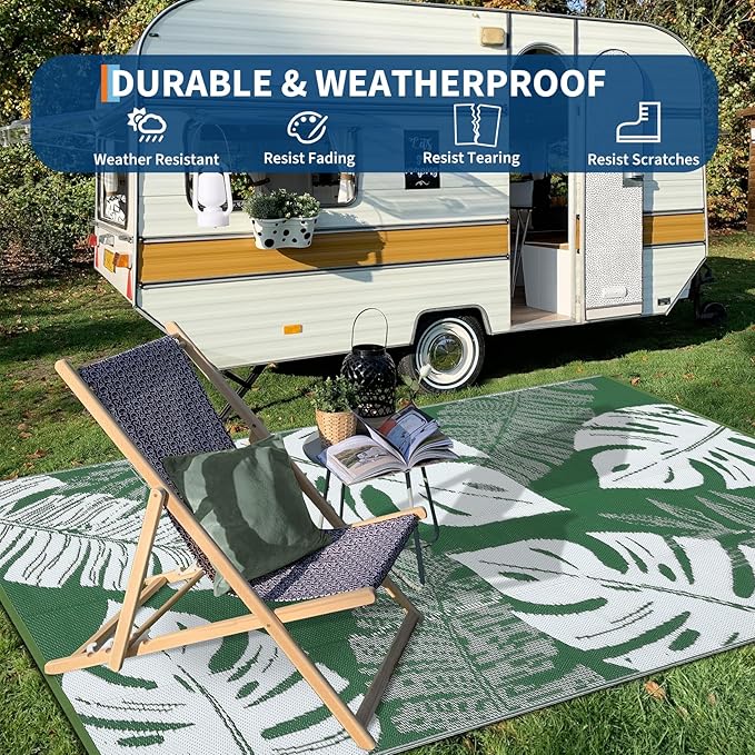 GAOMON Outdoor Rug 8x10 Patio Waterproof Reversible Plastic Straw Rug Modern Foldable Lightweight RV Camping Mat with Portable Bag & 4 Stakes, UV Resistant & Sturdy for Picnic Deck Balcony, Green-Ruum Studio Home