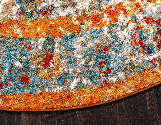 Unique Loom Rosso Collection Vintage, Traditional, Bohemian, Geometric, Distressed, Southwestern Area Rug, 8' 0" x 8' 0", Beige/Orange-Ruum Studio Home