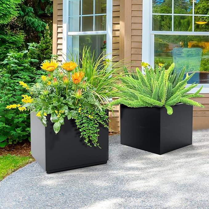FENCY Large Square Planter 17" L x 17" W x 18" H, Planters for Outdoor Plants, Large Outdoor Planters for Porch Patio, Black Square Planter with Drainage Hole, All-Weather Use Cube Planter-Ruum Studio Home