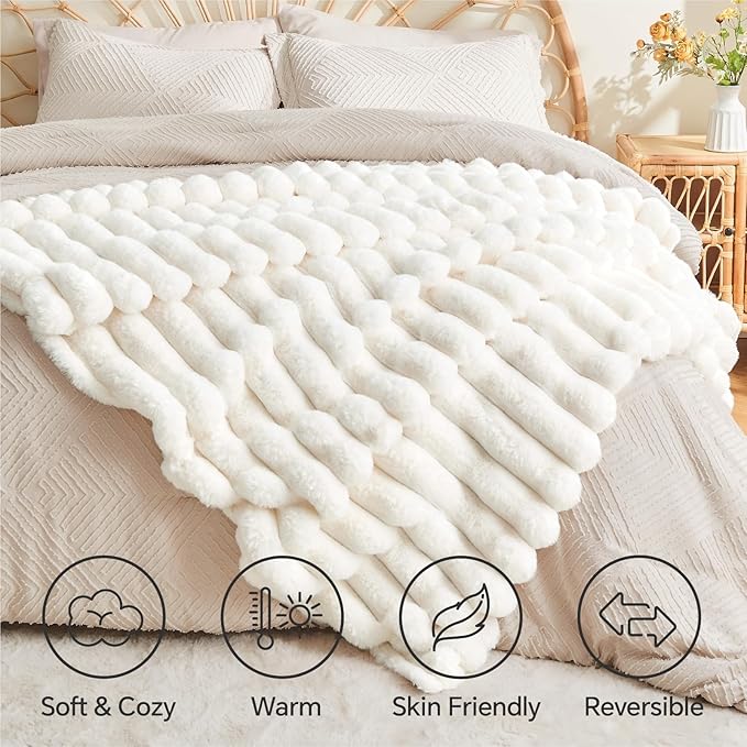 BEDELITE Faux Fur Throw Blanket for Couch, Soft and Cozy Luxurious 3D Striped Fluffy Blanket, 770GSM Thick Warm Plush Fuzzy Faux Rabbit Fur Blanket for Women Gift (Cream, 50"x 60")-Ruum Studio Home