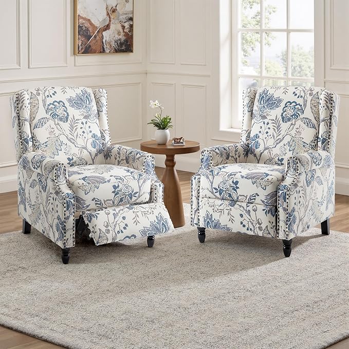 UIXE Floral Pushback Recliner Chairs Set of 2, Fabric Upholstered Armchair Push Back Accent Chair for Living Room, Rivet Trim Club Chair Home Theater Single Sofa Reading Seat - Blue Plants-Ruum Studio Home