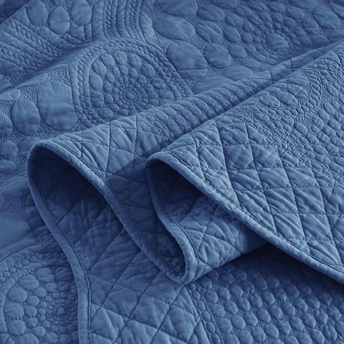 MarCielo 3-Piece 100% Cotton Oversized Bedspread Lightweight Quilt Coverlet Embroidery Farmhouse Bedding Set (Tf Midtone Blue, Oversized King (118"x106"))-Ruum Studio Home