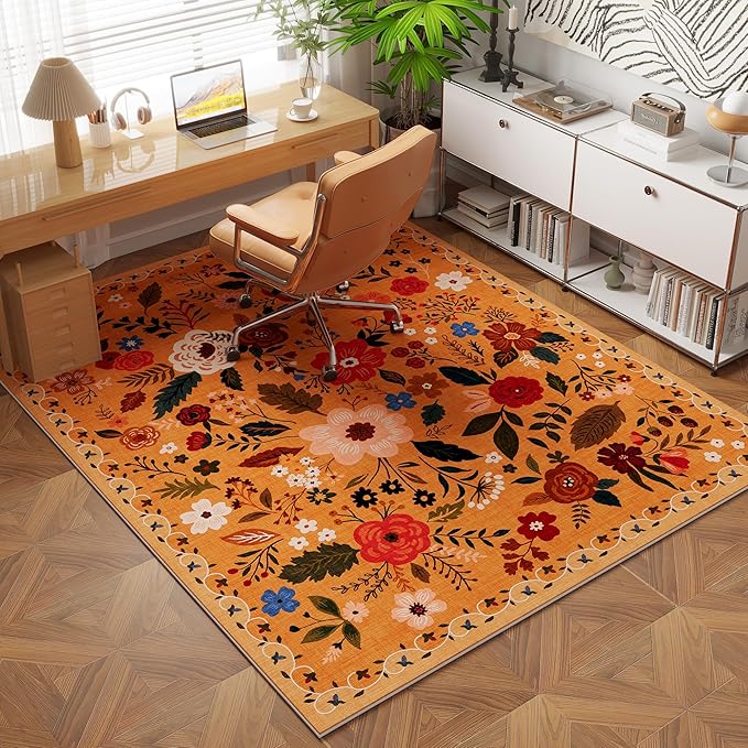 Bedroom Rug 3x5 Rug Washable Area Rug Non Slip Low Pile Boho Floral Small Carpet for Bedroom, Bedside, Kitchen, Entryway, Kids Room, Office, College Dorm Essentials for Girls(Yellow)-Ruum Studio Home