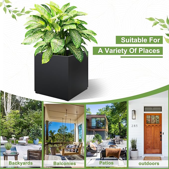 FENCY Large Square Planter 17" L x 17" W x 18" H, Planters for Outdoor Plants, Large Outdoor Planters for Porch Patio, Black Square Planter with Drainage Hole, All-Weather Use Cube Planter-Ruum Studio Home