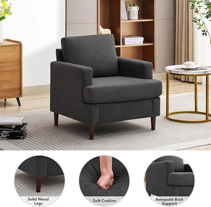 Mid-Century Accent Chair,Modern Linen Fabric Armchair for Living Room,Comfy Upholstered Reading Accent Chairs for Bedroom,Single Sofa Chair with Wood Legs (Dark Grey, 1 Pack)-Ruum Studio Home