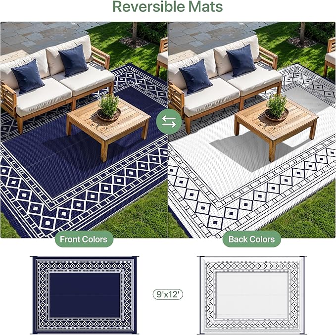 GENIMO Outdoor Rug Waterproof for Patio Decor, 9'x12' Foldable Reversible Plastic Straw Carpet for Travel Trailers, Outside Area Mat for Rv, Deck, Picnic, Porch, Camper, Balcony, Beach, Blue & White-Ruum Studio Home