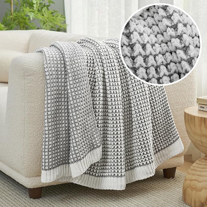 Amélie Home Chenille Waffle Throw Blanket for Couch, Reversible Pineapple Stitch Knit Soft Cozy Knit Blanket Lightweight Warm Decorative Throw for Sofa, Bed, Living Room, 50"x60", Grey&Ivory-Ruum Studio Home
