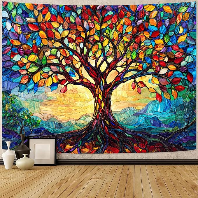 Lunerfex Tree of Life Tapestry Stained Glass Tapestry Wall Decor Tapestries for Bedroom Art Tapestries Wall Hanging for Bedroom Living Room Glass-Tree-01 60"x80"-Ruum Studio Home