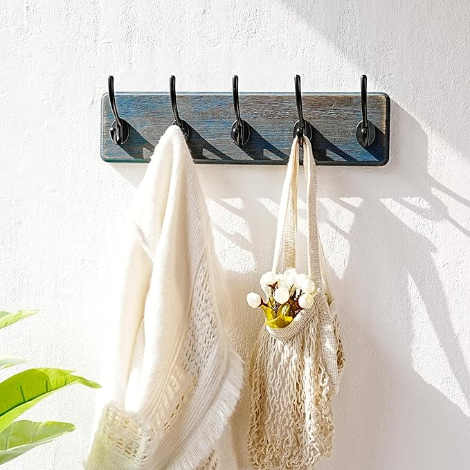 Dseap Coat Rack Wall: Patented, Heavy-Duty, 5-Double-Hooks Wooden Wall Mounted Coat Rack Coat Hanger Hook Rail for Winter Coats Hat Jacket Clothing, Weathered Blue-Ruum Studio Home