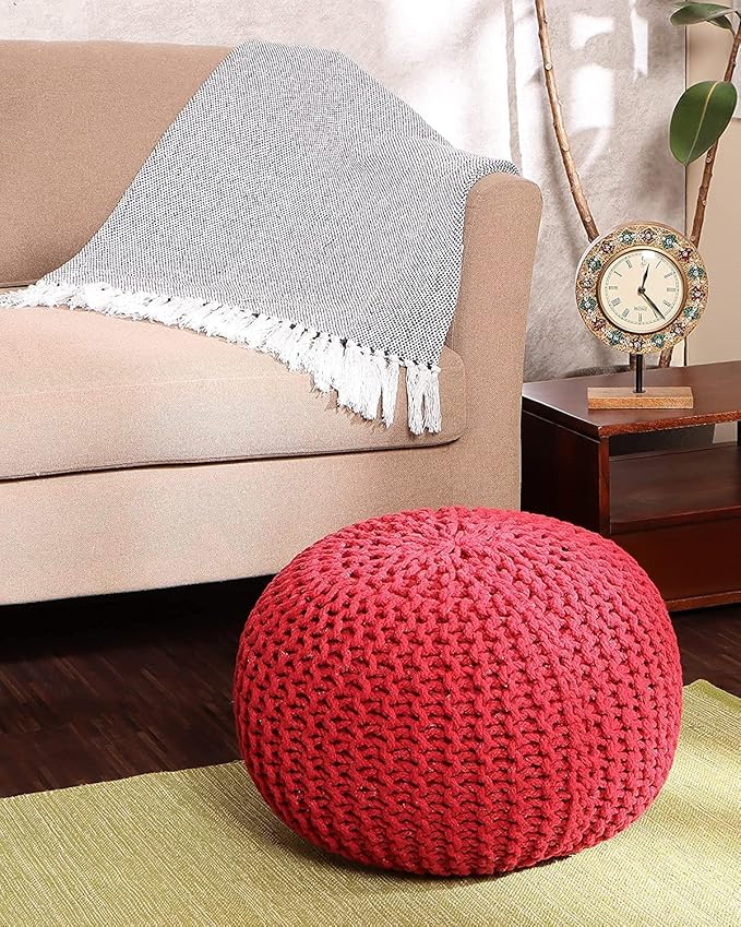 REDEARTH Round Pouf Ottoman - Hand Knitted Cable Boho Poof - Foot Stool Bean Bag - Home Décor Stuffed Footrest for Living Room - Nursery - Bedroom - 100% Cotton Poufs (19.5"x19.5"x14") - Red-Ruum Studio Home