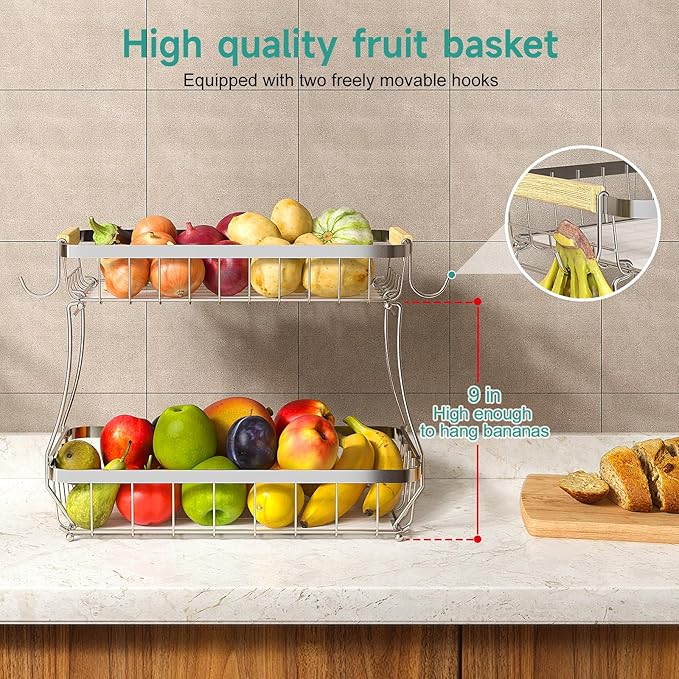 2 Tier Fruit Basket for Kitchen Counter with 2 Banana Hangers, 2025 Pro Detachable Metal Fruit Bowl with Wooden Handle,Fruit Holder for Bread Snack Veggies, Silvery-Ruum Studio Home