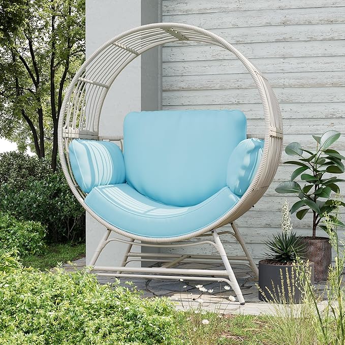 Egg Chair Outdoor Indoor, Oversized Rattan Chair with Thicken Cushion, 350LBS Capacity Wicker Patio Lounge Chair, Basket Chair for Living Room Balcony Porch Backyard, Blue-Ruum Studio Home